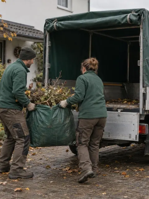 Illustration: Schnittgut wird in einen Sack gefüllt und auf einen Transporter geladen