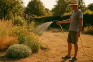 Gärtner mit Strohhut gießt blühende Sommerpflanzen in einem trockenen Garten bei Hitze