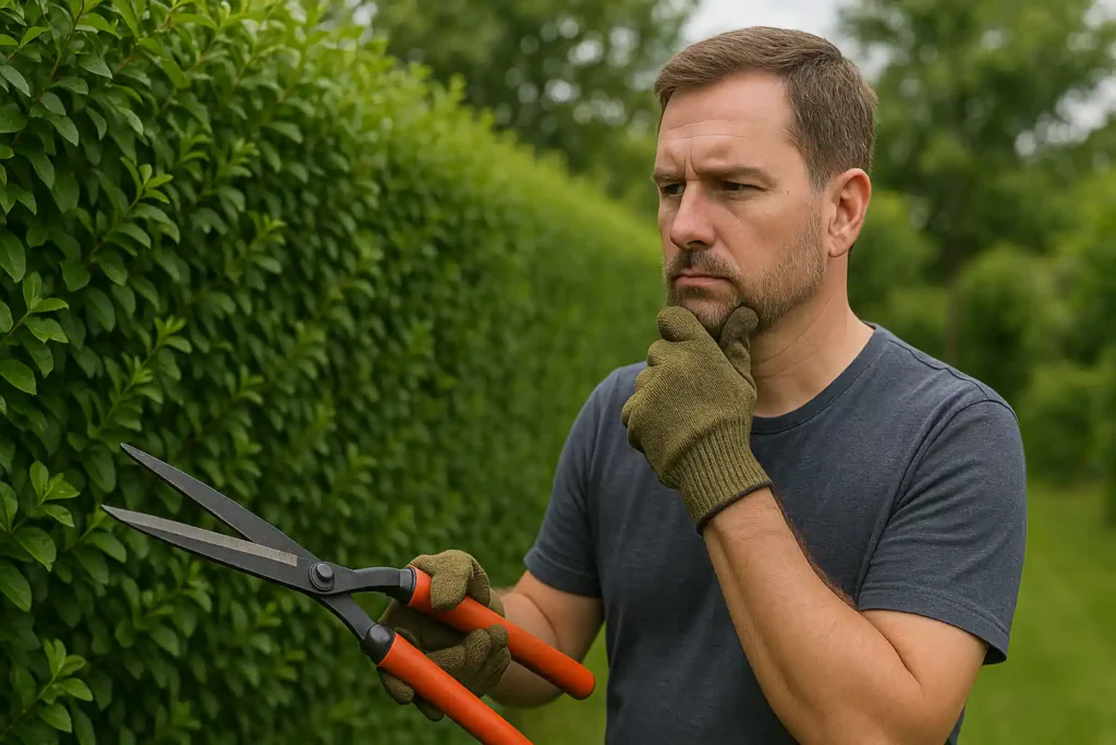 Mann steht mit Heckenschere vor einer Hecke und überlegt, wie oft er die Hecke schneiden sollte