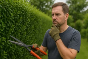 Mann steht mit Heckenschere vor einer Hecke und überlegt, wie oft er die Hecke schneiden sollte