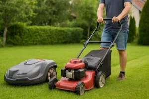 Benzin-Rasenmäher fährt neben einem Mähroboter gleichauf